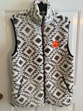 Pressbox Clemson Tigers Sherpa Fleece Vest Large Gray White Full Zip Cozy NCAA